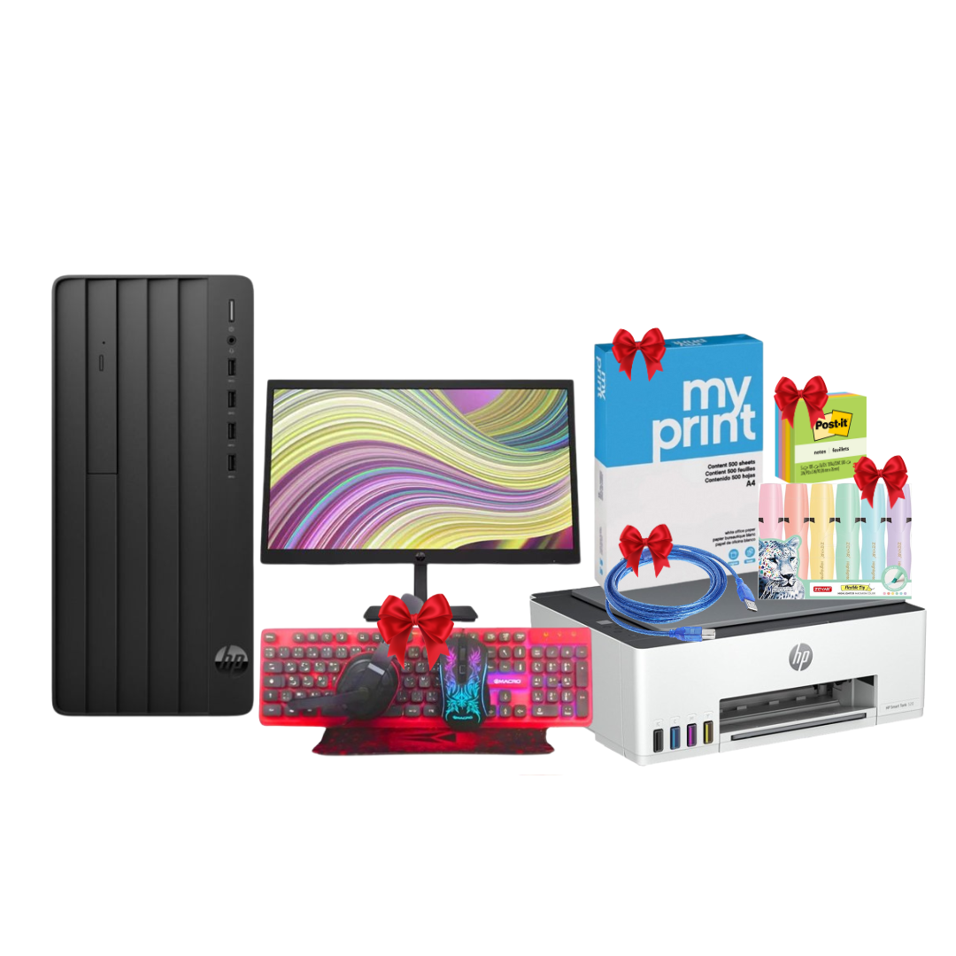 Pack Bureautique HP : Pc De Bureau HP Pro 290 G9 I3 12è Gén 8Go 512G SSD + Imprimante HP Smart Tank 520 + Pack Gaming Macro G301 + Pack Fournitures et Livraison Cadeaux