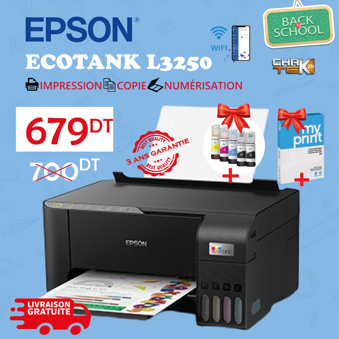 Imprimante à Réservoir Intégré EPSON ECOTANK L3250 – WIFI + 5 bouteilles d’encre + Ram Papier 75G + Cable Usb et Livrais — عرض الصورة 3